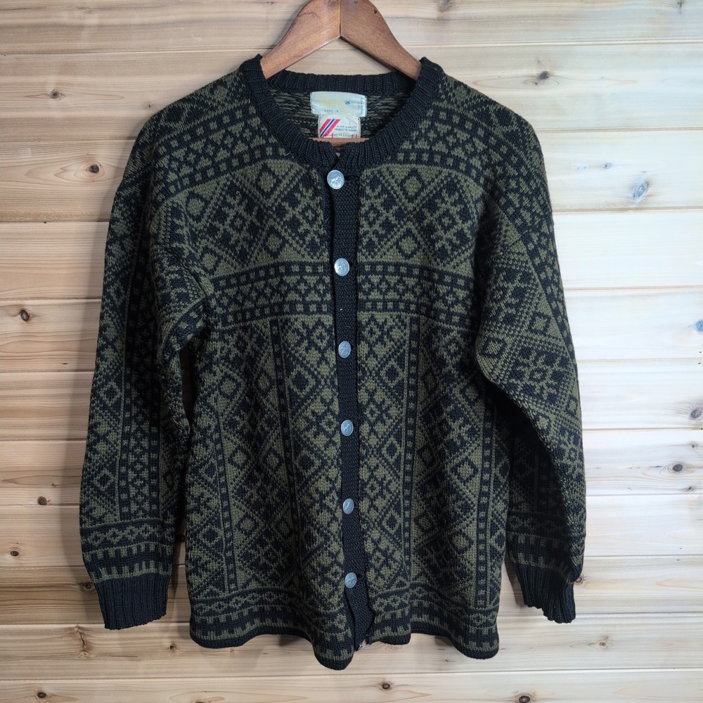 Vintage Figgjo by Kjell of Norway Wool Cardigan Sweater Green Black Nordic M/L